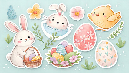 Easter stickers, bunny, chick, decorated eggs, spring flowers, isolated on a blue background. Cute holiday illustration for printing, notepads, notebooks, notes