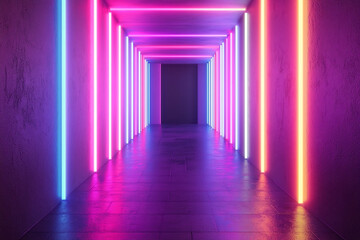 Fototapeta premium Neon-lit corridor with vibrant pink and blue lights creating a futuristic atmosphere, ideal for modern design projects
