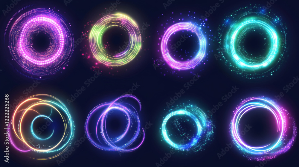 Poster magic light circle and spiral neon elements with swoosh effect and glowing sparkles. realistic vecto