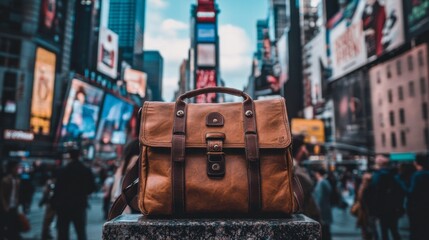 Naklejka premium A travel bag on a bustling city street, surrounded by people, showcasing the energy of urban travel.