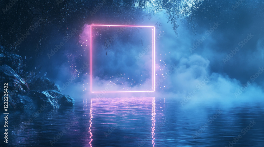 Poster futuristic banner with neon light frame on water surface and smoke clouds with sparkles. glowing rec