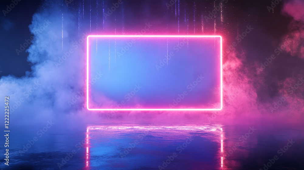 Poster futuristic banner with neon light frame on water surface and smoke clouds with sparkles. glowing rec