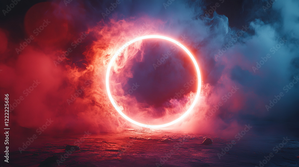 Poster circle neon blue and pink gradient frame with smoke clouds. realistic vector illustration of magic f
