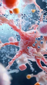 Neural precursor cells interacting in a dynamic cellular environment, showcasing their vital role in brain development.