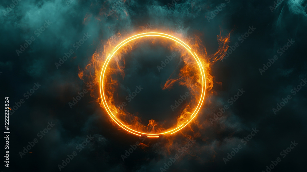 Poster circle neon blue and pink gradient frame with smoke clouds. realistic vector illustration of magic f