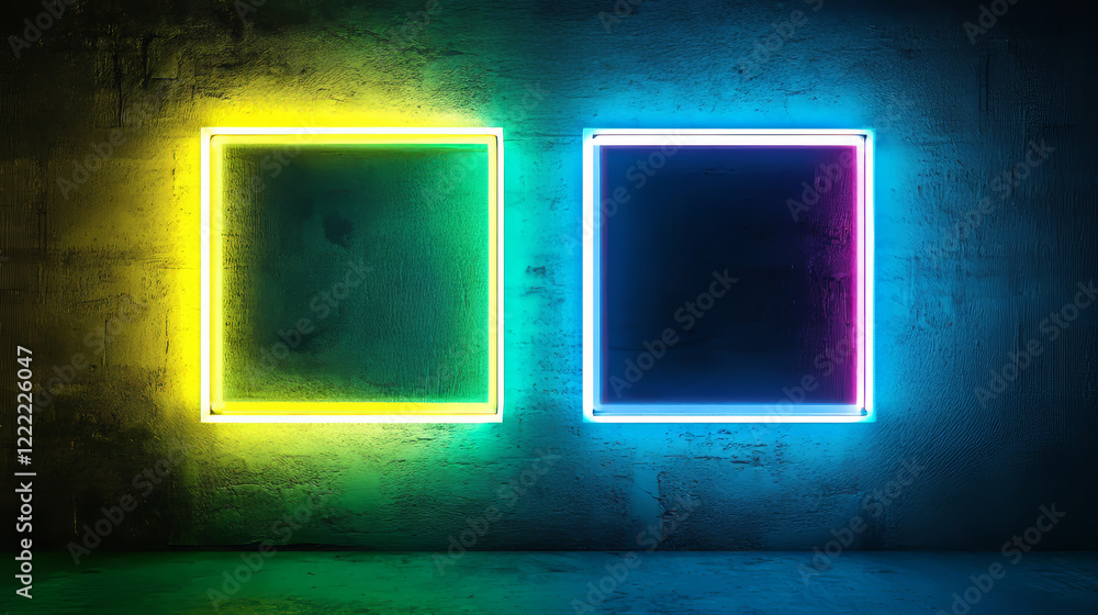 Poster neon frames, isolated colorful led square and rectangular borders. green and yellow illuminated geom