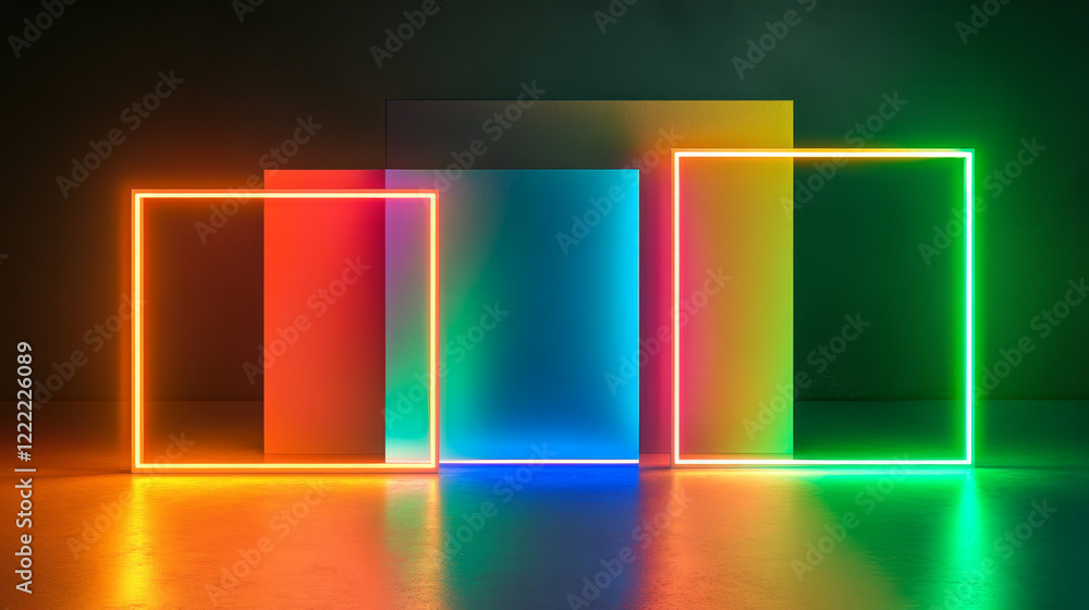 Aufkleber neon frames, isolated colorful led square and rectangular borders. green and yellow illuminated geom