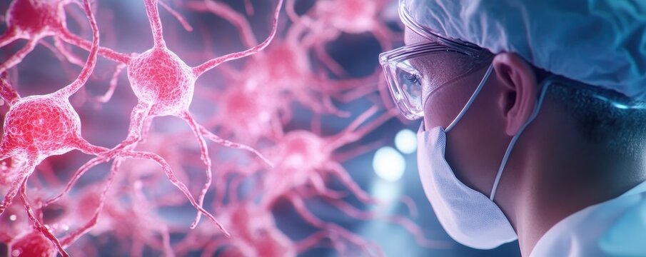Scientist in a lab conducting research on neural precursors for advancements in neuroscience and regenerative medicine.