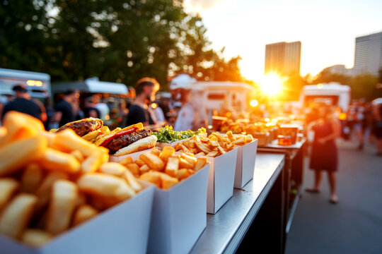 Food truck festival at sunset outdoor event vibrant atmosphere urban park gourmet offerings people enjoying delicious meals