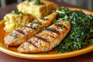 A vibrant plate showcases spicy grilled catfish, accompanied by flavorful cornbread and fresh collard greens. This Southern-inspired meal invites a mouthwatering experience