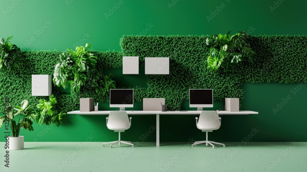 Poster modern office workspace with greenery wall and minimalistic design featuring two computer desks and 