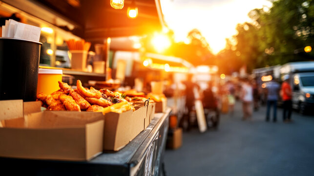 Food truck festival at sunset downtown park street food event vibrant urban setting dynamic viewpoint culinary experience