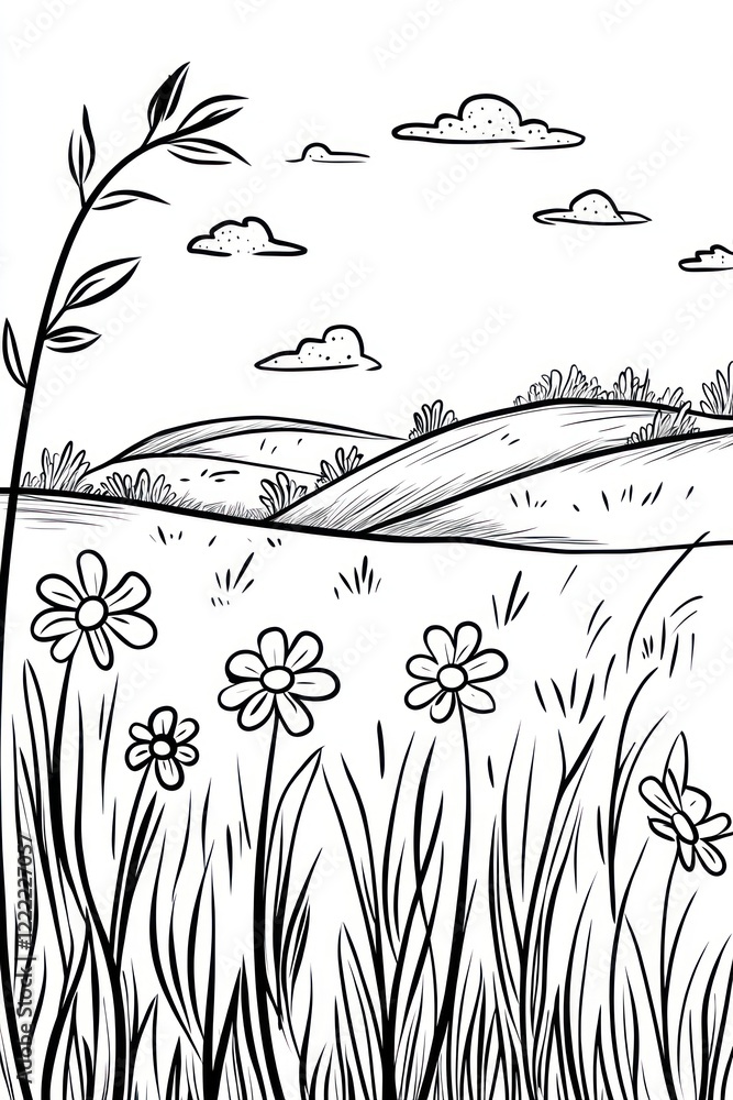 Poster simple line drawing of a field with wildflowers and rolling hills under a cloudy sky.
