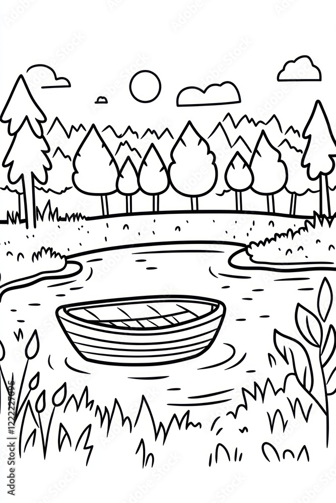 Poster simple line drawing of a boat on a lake with trees in the background.