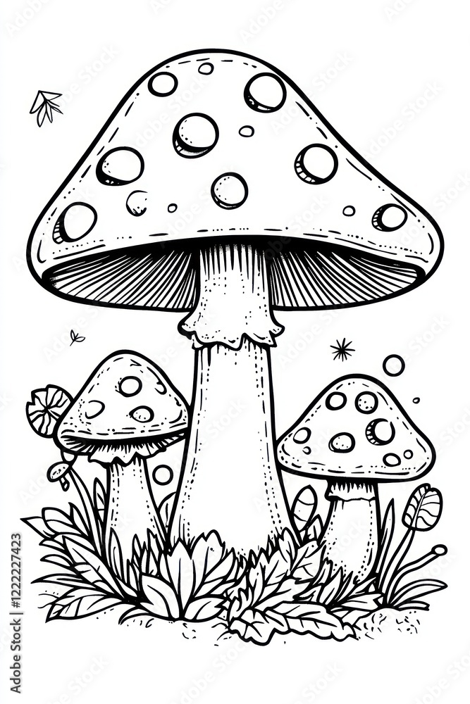 Poster three mushrooms with a large cap in the center and two smaller mushrooms on either side, all with wh