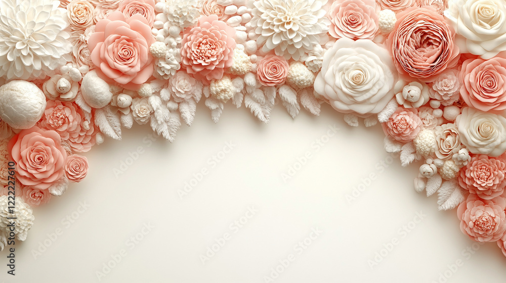 Poster white and pink assorted flowers create a soft minimalistic background in bright tones symbolizing pu