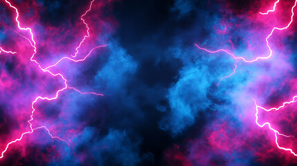 Color lightning frame isolated on black background. Vector realistic illustration of thunderbolt border with blurred fog effect, neon flash cracks for nightclub banner design, magic power strike