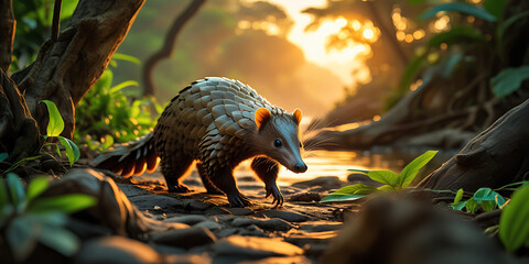 Fototapeta premium pangolin on its habitat, sunset, mountain, river, wildlife photography, Rare Animal, extinct animals