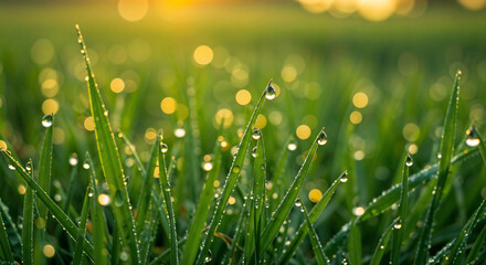 Fototapeta premium drops of dew on fresh spring grass . Generative AI