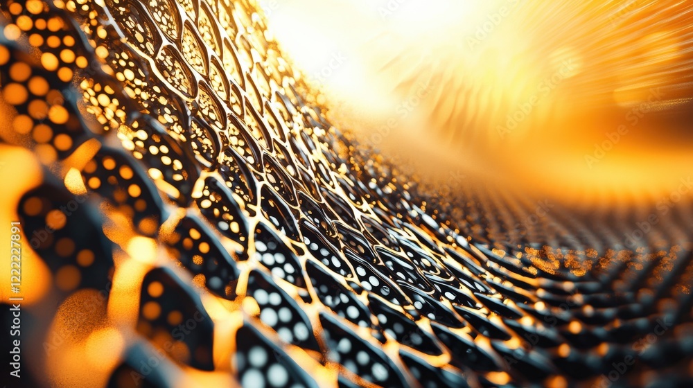 Poster abstract wave of metallic mesh with dazzling light effects in warm color tones and fluid motion