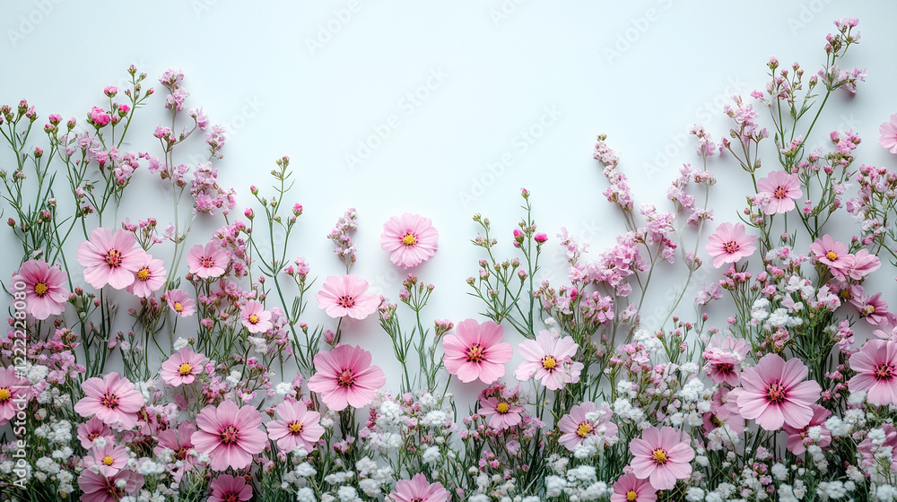 Poster white and pink assorted flowers create a soft minimalistic background in bright tones symbolizing pu
