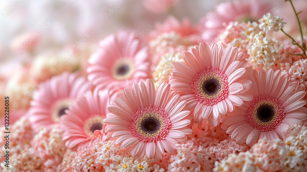 Poster white and pink assorted flowers create a soft minimalistic background in bright tones symbolizing pu