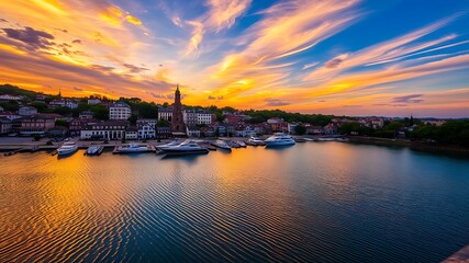 Obraz premium Vibrant sunset over a picturesque european town with a marina filled with yachts and boats, reflecting in calm waters.