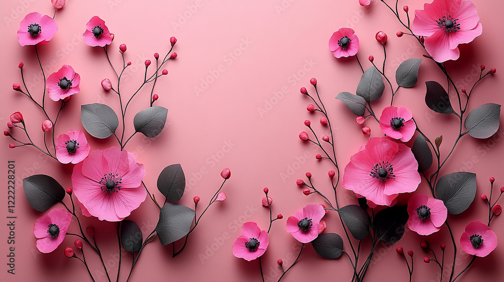 Poster white and pink assorted flowers create a soft minimalistic background in bright tones symbolizing pu