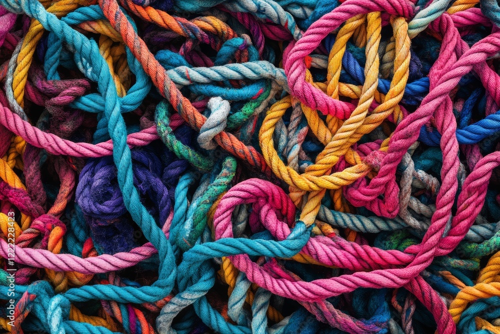 Poster the composition features a variety of colorful ropes and threads intertwined in a chaotic manner, di