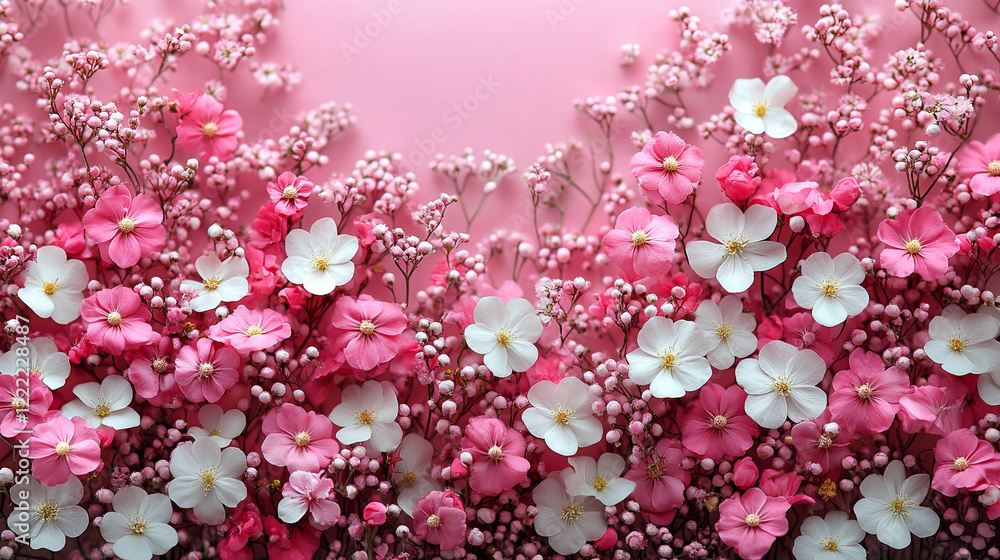 Poster white and pink assorted flowers create a soft minimalistic background in bright tones symbolizing pu