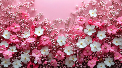 White and pink assorted flowers create a soft minimalistic background in bright tones symbolizing purity beauty and love modern blurred effect with empty blank space ideal for captions or designs


