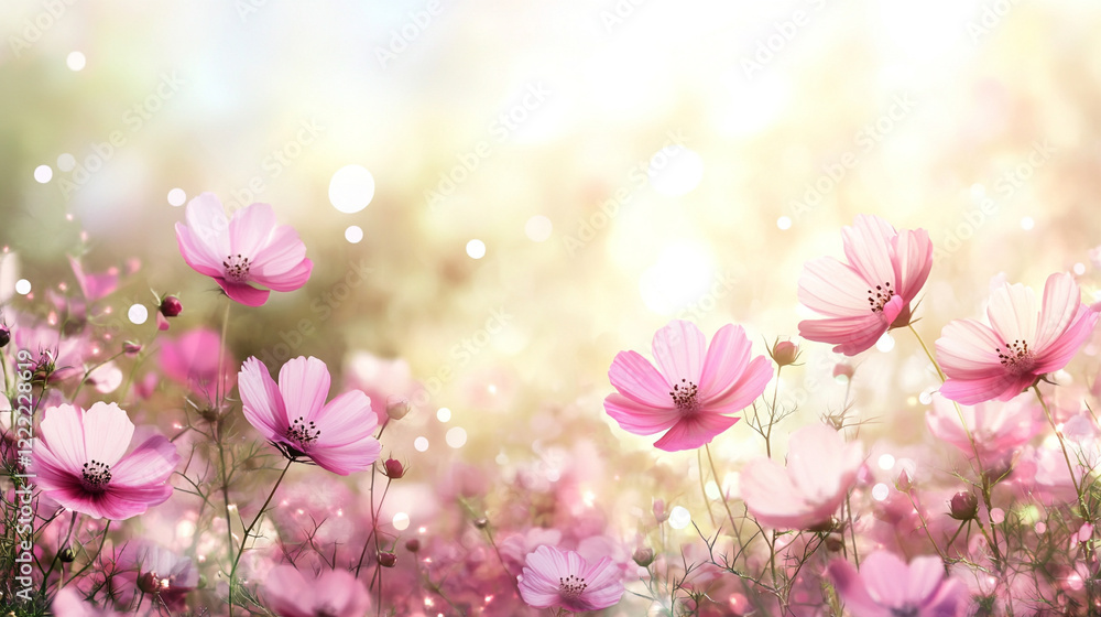 Poster white and pink assorted flowers create a soft minimalistic background in bright tones symbolizing pu