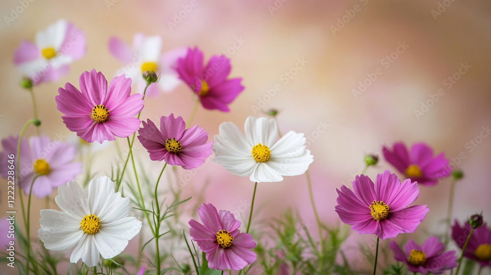 Poster white and pink assorted flowers create a soft minimalistic background in bright tones symbolizing pu