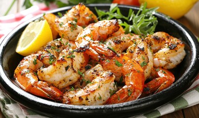 Fototapeta premium Grilled shrimp with herbs, lemon on a plate, healthy meal