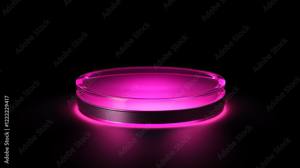 Poster 3d pink neon light podium bg. glow game platform with digital led effect. futuristic hologram abstra