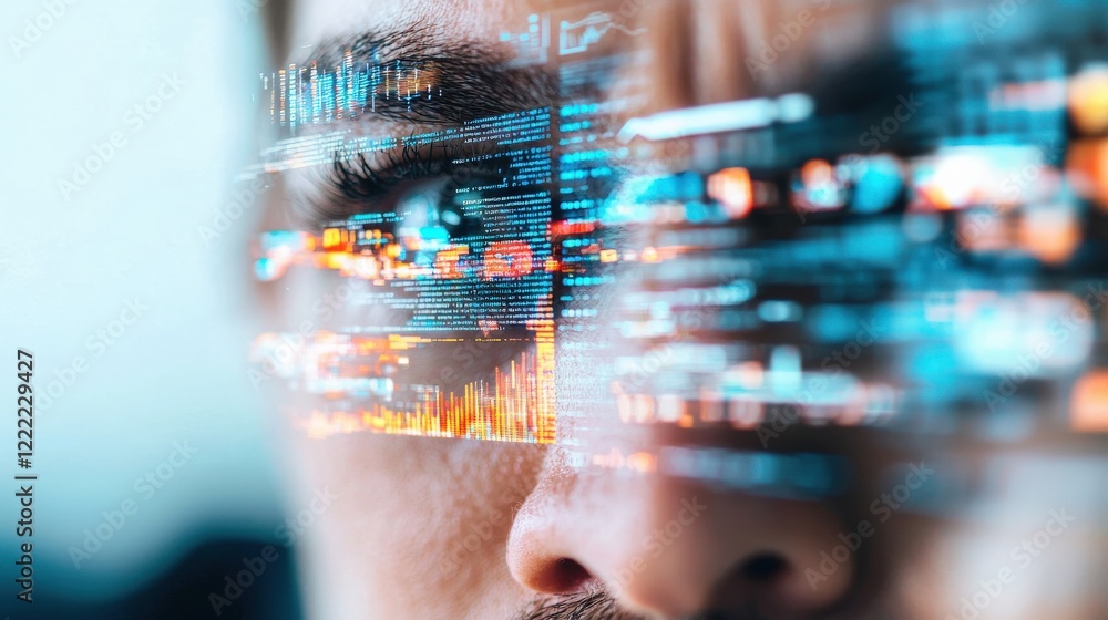 Poster futuristic technology concept with digital data displayed over human face in high-resolution close-u