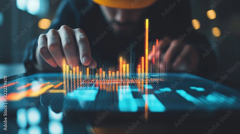 Poster professional analyst examining digital financial data with graphs on modern touchscreen device