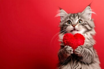 Ad campaign idea. Laperm - my beloved cat. Cute laperm feline infant with fluffy red heart - sign of love, funny greeting card. Valentine's friendship pet. Romantic valentine poster. Cute pe.