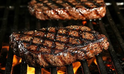 Grilled steaks sizzling on barbecue grill flames, outdoor cooking