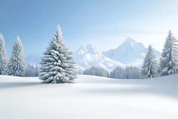 Naklejka premium Snow-covered pine tree forest with mountain peaks in the background under a bright blue sky. Pristine nature and winter landscapes.