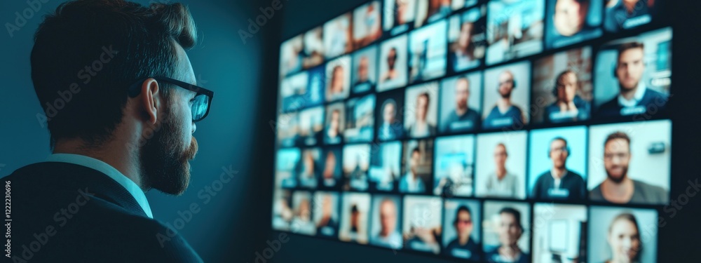 Poster man in suit analyzing virtual background with multiple faces on screen in modern office space