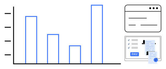 Bar chart displaying data trends, a form for payroll approval, and an online payment receipt. Ideal for finance management, payroll processing, data analysis, digital payments, budgeting, accounting