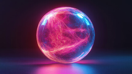 Neon sphere protect shield with various textures and glow. Realistic 3d vector of luminous security ball with transparency effect. Round cover dome with force field or power energy barrier.