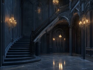 gothic hall, grand staircase, dark stone, chandelier, mysterious ambiance