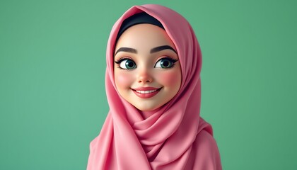 Smiling Girl Cartoon 3D Render Pink Hijab Green Background