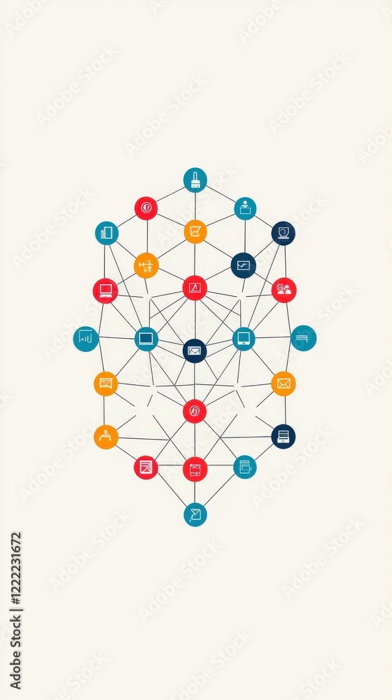Poster abstract illustration of interconnected icons representing technology, communication, and data netwo