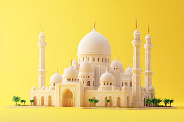 Obraz premium beautiful mosque, magnificent mosque, yellow background, islamic, ramadan Kareem, eid mubarak, eid al adha, eid al fitr, 3d rendering, generative ai