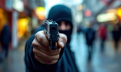 Hooded figure aims gun on blurred city street, depicting urban crime