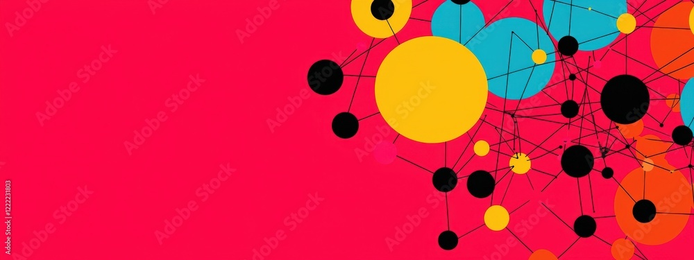 Poster colorful abstract pattern with circles and lines on a vibrant pink background for modern design proj