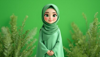Adorable Green Hijab Girl 3D Render Green Background Plants